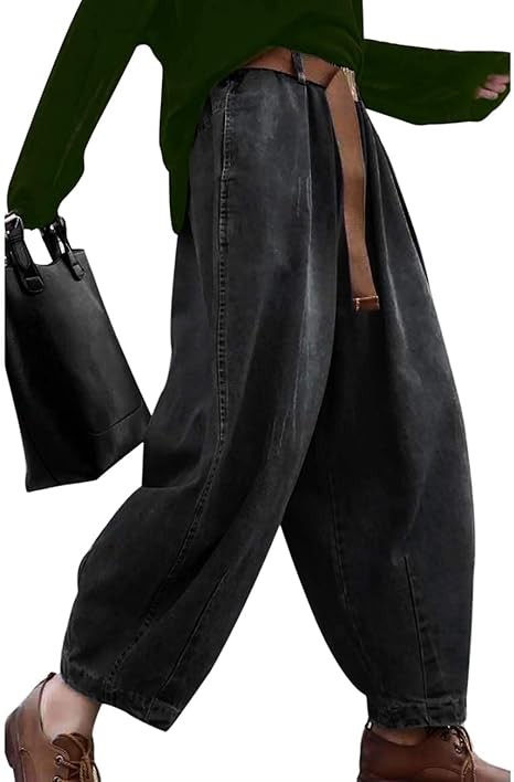 YESNO Women Casual Loose Cropped Pants Denim Bloomers Elastic Waist with Pockets PJD