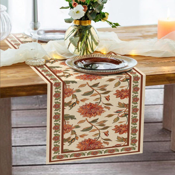 Vintage Pattern Floral Dining Table Runner, Retro Elegant Flower Plant Leaves Botanical Burlap Kitchen Decoration, Farmhouse Spring Summer Indoor Outdoor Home Decor Party Supply 13 x 72 Inches