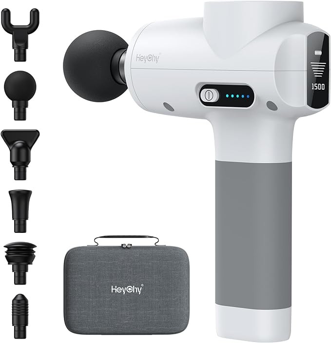 HEYCHY Deep Tissue Massage Gun 2X Powerful for Athletes, Super Quiet 35dB Handheld Percussion Massager with OLED Display, Portable Carry Case for Muscle, Back and Neck Pain Relief Therapy