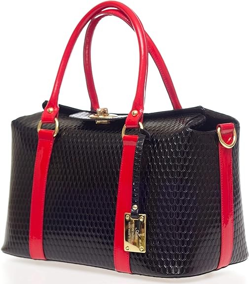AURA Italian Made Black & Red Leather Large Designer Structured Tote Handbag
