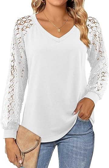 Florboom Womens V Neck Tops Puff Sleeve Lace Tshirt Long Sleeve Casual Shirts Dressy Blouses
