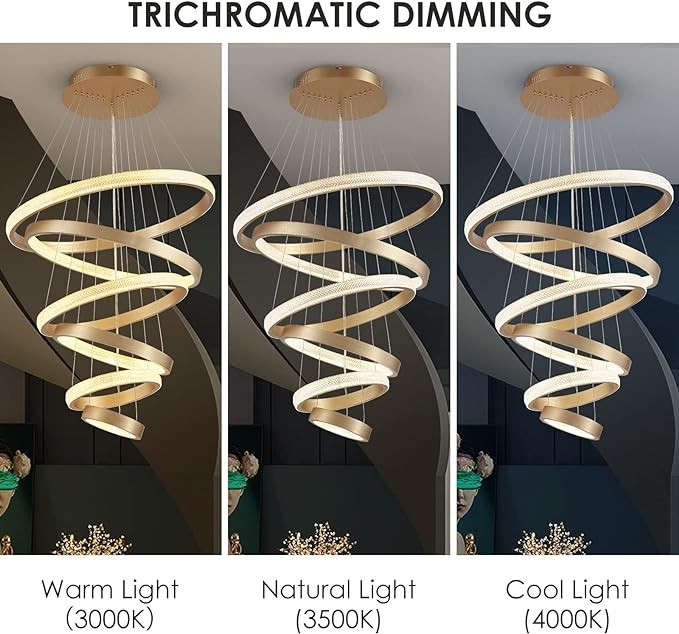 Modern LED Light, 6 Ring Gold Pendant Lighting Fixture for High Ceiling Staircase Dining Room Foyer (D27.55 Inch)