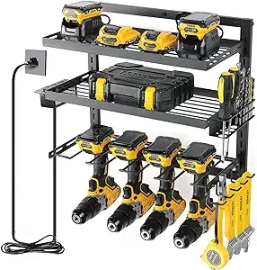 COFIT Power Tool Organizer, Power Drill Tool Holder with Charging Station, Wall Mount Tool Storage Organizer, 3 Layers Adjustable Height Iron Tool Rack for Garage Organization and Workshop