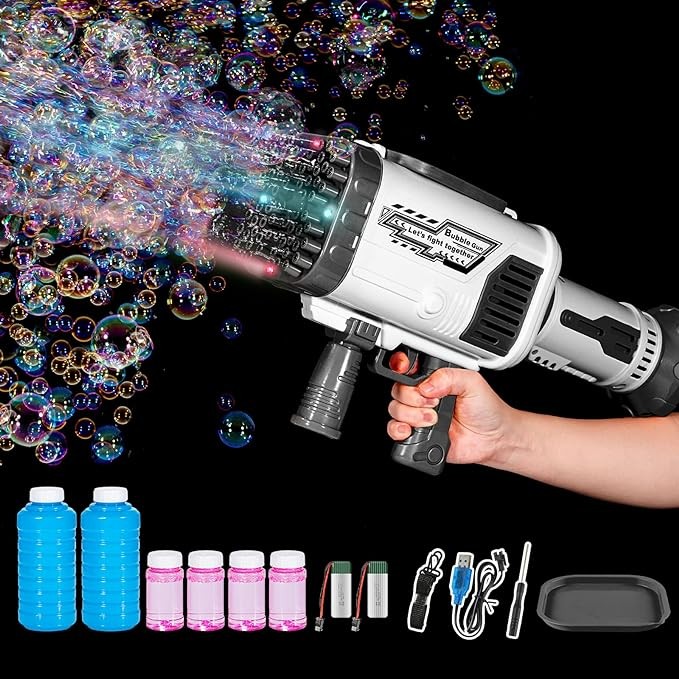 Bubble Gun - 64 Holes Bubble Guns Machine Has Led Lights, Large Handheld Bubble Gun Has Two Rechargeable Batteries/Six Bottles of Bubble Water for Kids Adults, Black