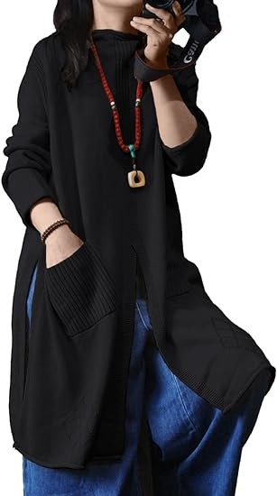 YESNO Women Casual Loose Fashion Cotton Sweater Dress Split Pullover Tops with Pockets YG7