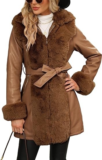Bellivera Women's Faux Leather Fleece Lined Coat Winter Hooded Zip-up Parka with Belt