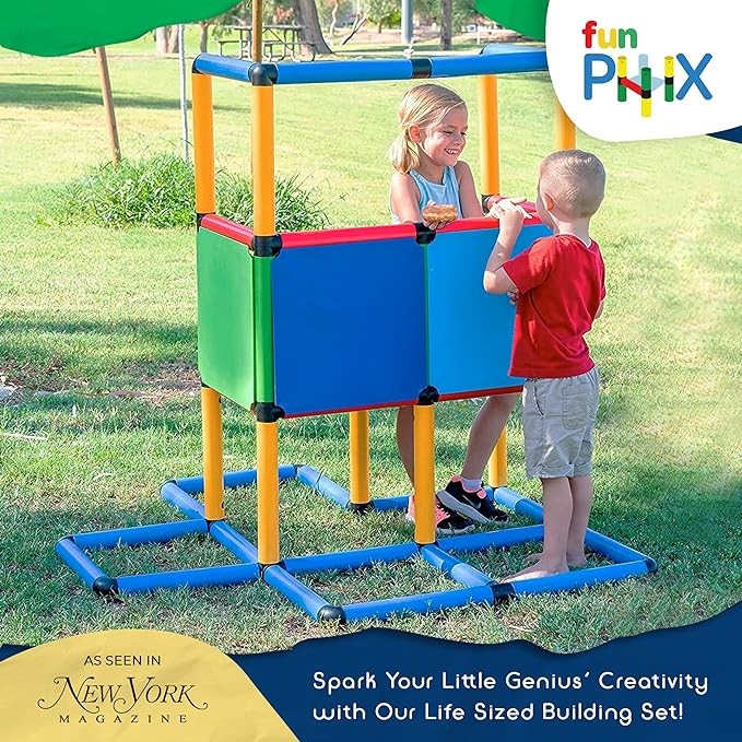 Funphix Fort Building Kit for Kids - Indoor & Outdoor Toddler Playsets with Tubes, Connectors, & Panels - Backyard Playground Set & Educational Toys - Standard Climbing Gym Structure, 199 Pieces