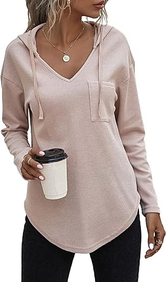 morhuduck Women's V Neck Hoodies Long Sleeve Sweatshirt Drawstring Pullover Tops with Pocket