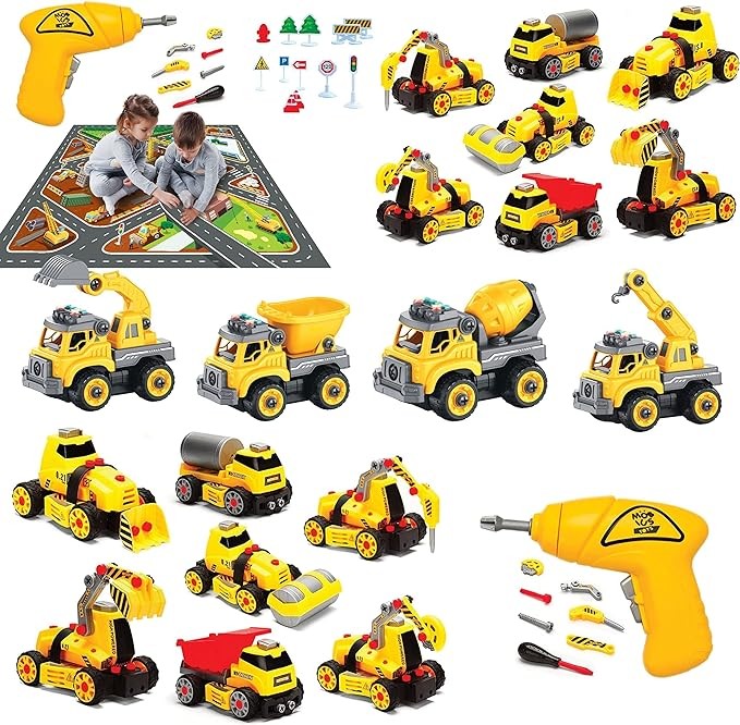 18-in-1 Take Apart Construction Toys DIY Engineering Playset, 360° RC, Electric Drill, Play Mat, and Road Signs, Push & Go STEM Learning Bundle w/Lights, Sounds for Early Education, Boys and Girls 4+