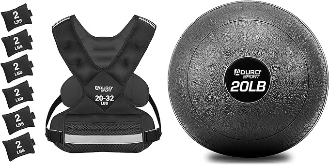Aduro Sport Adjustable Weighted Vest Workout Equipment, 20-32lbs Body Weight Vest Bundle with Exercise Ball Weighted Medicine Ball for Workouts Balance Training Workout Slam Ball, 20lb