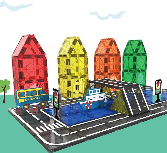 Magnetic Tiles - Road Set with Car Toys for 3+ Year Old Boys & Girls, Magnet Building Blocks Expansion Pack, STEM Construction Toys for Kids Ages 4-8, Christmas Birthday Gifts for Toddlers