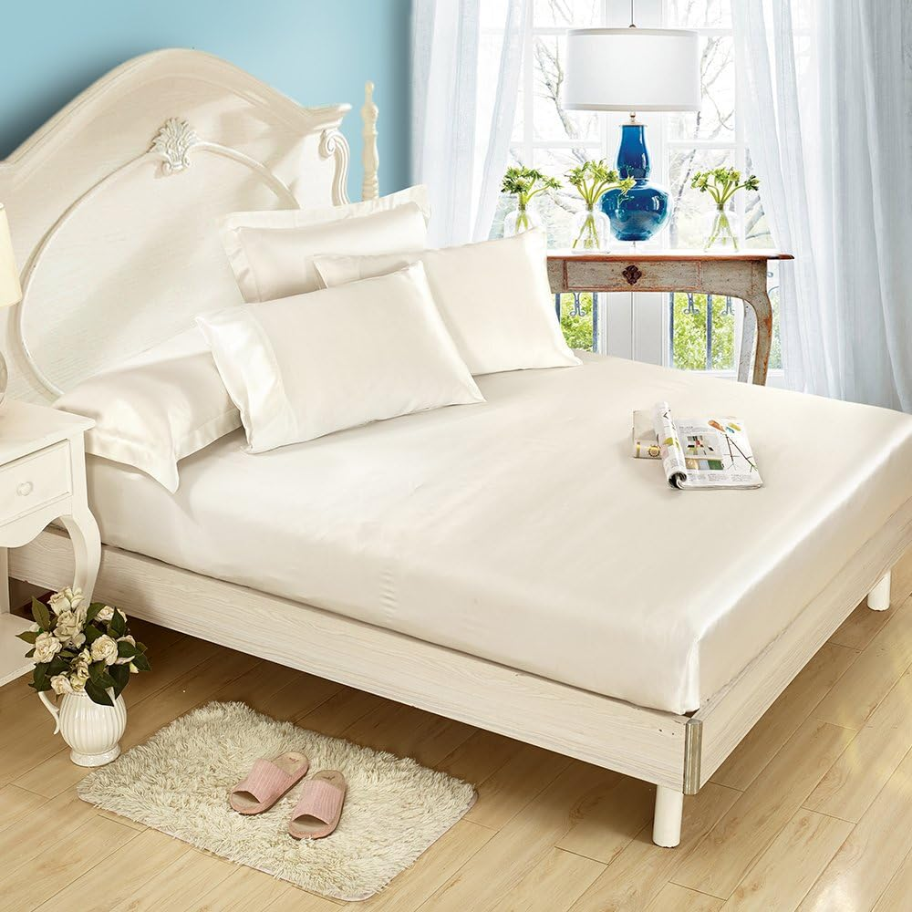 LilySilk 4PC Silk Bedding Sets 25 Momme Mulberry Silk, 1 Silk Fitted Sheet, 1 Silk Flat Sheet, 2 Silk Pillowcases Ivory Queen