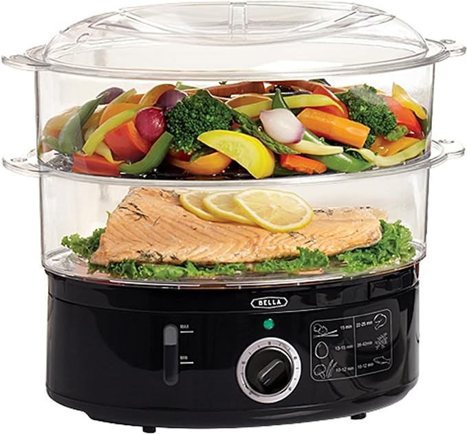 BELLA Two Tier Food Steamer with Dishwasher Safe Lids and Stackable Baskets & Removable Base for Fast Simultaneous Cooking - Auto Shutoff & Boil Dry Protection, 7.4 QT, Black