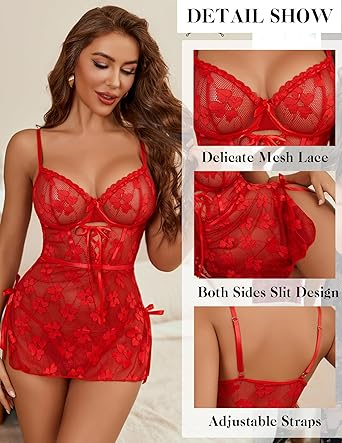 Avidlove Lingerie for Women Lace Babydoll Mesh Chemise Nightgown Side Slit Nightwear S-XXL