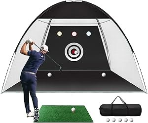 Golf Net, One Key Pull Expansion Design 10x7.5 Ft Golf Practice Net with Golf Mat, All in 1 Golf Gifts for Men Backyard Driving Chipping, Golf Accessories for Men with Target/Mat/Balls/Tee/Bag