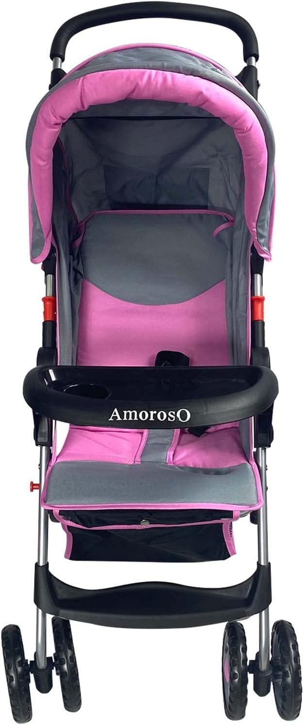 AmorosO Single Stroller - Baby Stroller with Four Wheels - Lightweight Baby Pink Stroller - Convertible Stroller with Extra Storage Space - Foldable Stroller with Sun Protection Hood Cover