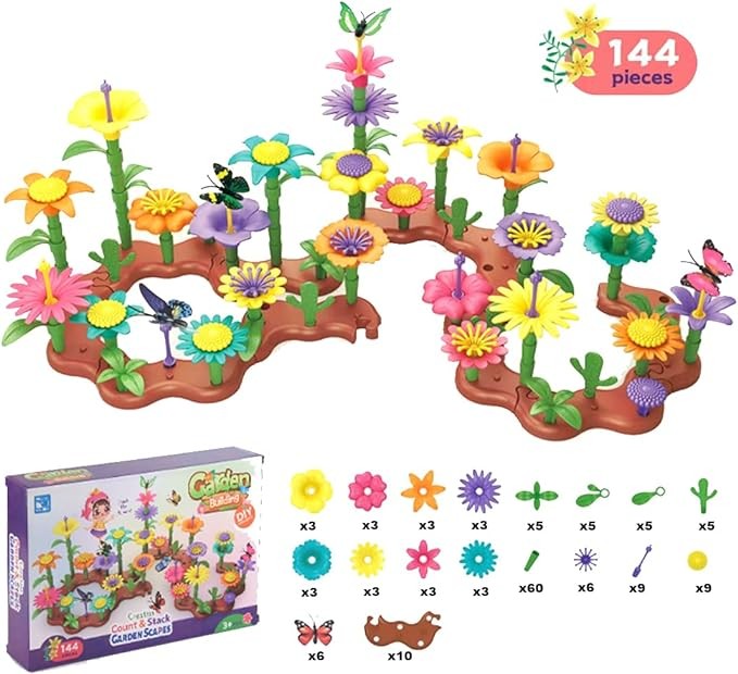 Flower Garden Building Toys for Girls Educational STEM Gardening Toy, Ideal Christmas & Birthday Gift for Kids & Toddlers for 3, 4, 5, 6 Year Old Girls-144pcs
