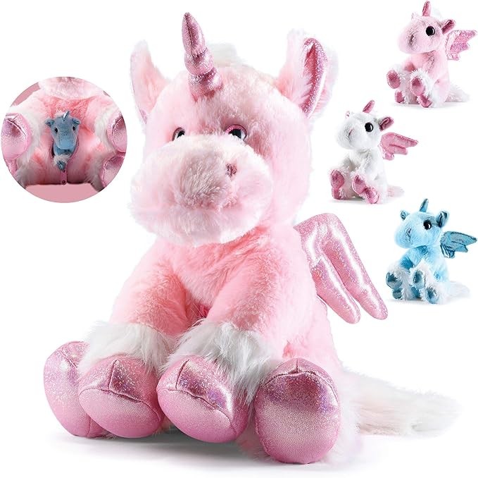 PREXTEX Plush Unicorn with Zippered Pouch for Its 3 Little Plush Baby Unicorns - Plushlings Collection Soft Stuffed Animal Playset