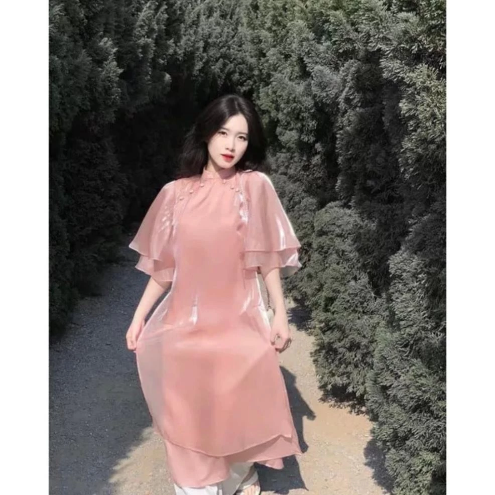 Sét áo dài cách tân 4 tà cổ tàu đính cúc màu hồng Baby kèm quần lụa trắng mặc chơi Tết du Xuân xinh xắn AD439 !