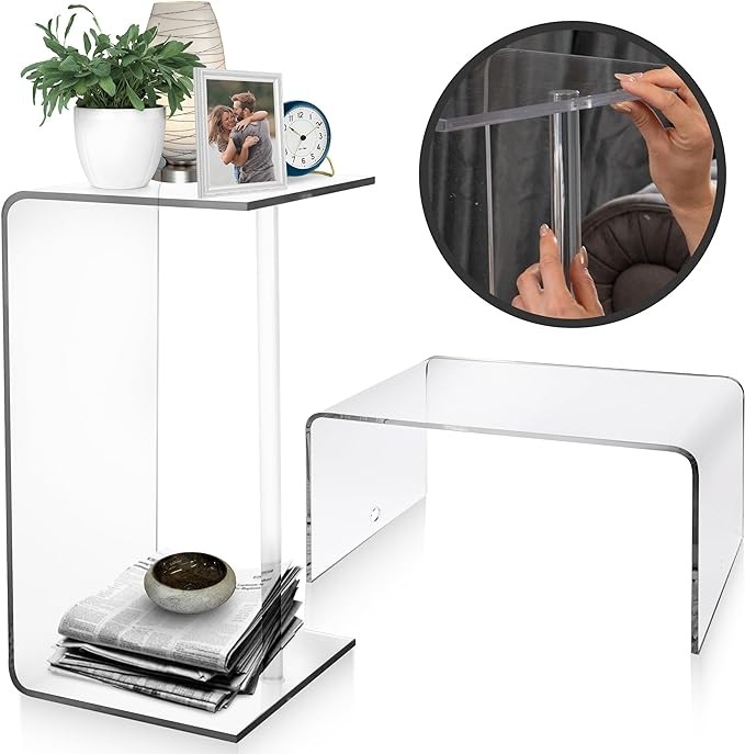 Innovative Online Operations C Shaped Acrylic Side Table - 24" H x 12" W x 14" D Multipurpose Clear Acrylic End Table with Support for Living Room Bedroom Balcony Patio and Office