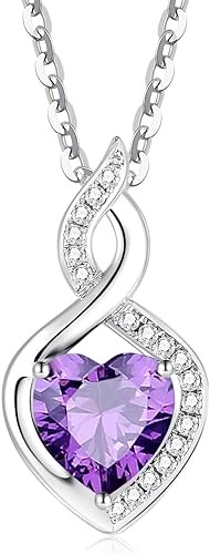 FANCIME 14K Solid White Gold Heart Birthstone Necklace with Diamond Pendent Birthday Christmas Gifts for Mom Women, Sterling Silver Chain 16" + 2" Extender