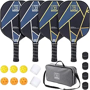 YC DGYCASI Graphite Pickleball Racquets 4-Piece Set, 2024 USAPA Certified, Carbon Fiber Surface (CHS), Polypropylene Lightweight Honeycomb Core, 3 Indoor 3 Outdoor Pickleball Balls, 4 Replacement Soft