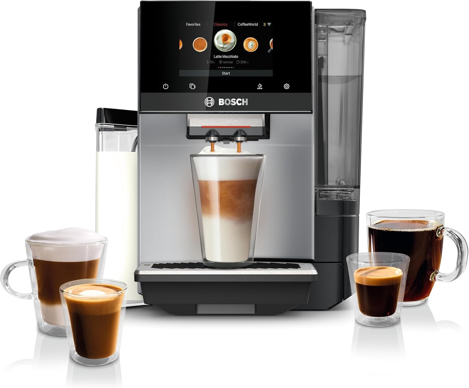 Bosch TQU60307 800 Series VeroCafe Fully Automatic Espresso Machine with Home Connect, 36 Beverage Varieties with Coffee World, Double Cup, Integrated Milk Container, in Silver