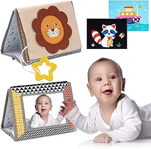 AUKZON Tummy Time Mirror Toys, Baby Toys 0 3 6 9 Months with Crinkle Book, Teethers, Black and White High Contrast Infant Toys, Montessori Sensory Toys Brain Development for Newborn