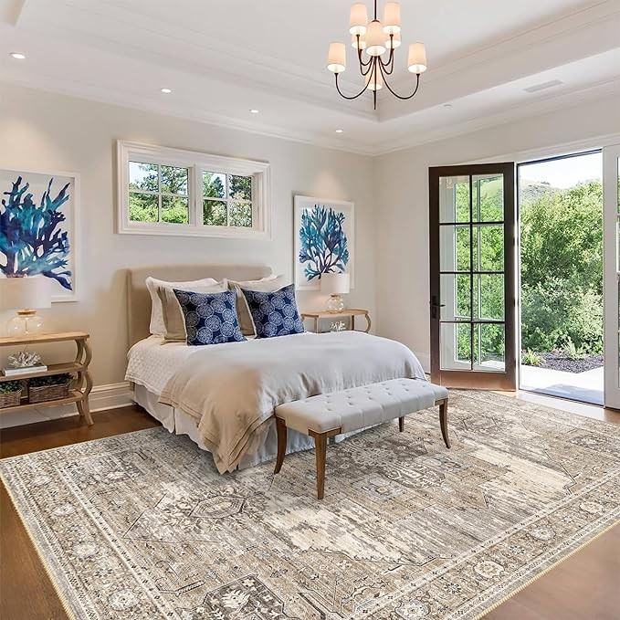 RUUGME Washable 9x12 Area Rug - Living Room Large Rug Stain Resistant Rug Retro Rug Bedroom Anti-Slip Backing Home Decor Floor Decorative Mat (9x12 Beige)