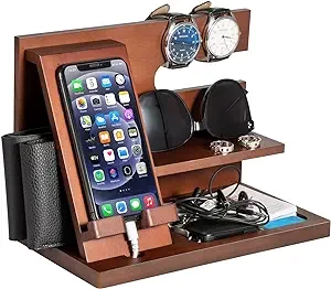 Gifts for Men Valentines Wood Phone Docking Station Key Wallet Stand Watch Organizer Father Husband Wife Male Idea Gadgets Bedside Organiser Anniversary Dad Birthday Gift for Boyfriend Gifts for Dad