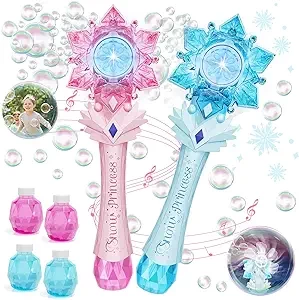 VATOS Bubble Wands 2 Packs for Kids, Automatic Bubble Blower Machine, Light & Music Snowflake Bubble Wand with 2 Windmill & 4 Bottles Bubble Solutions, Bubble Toy for Toddler Girl Boys Adult Party