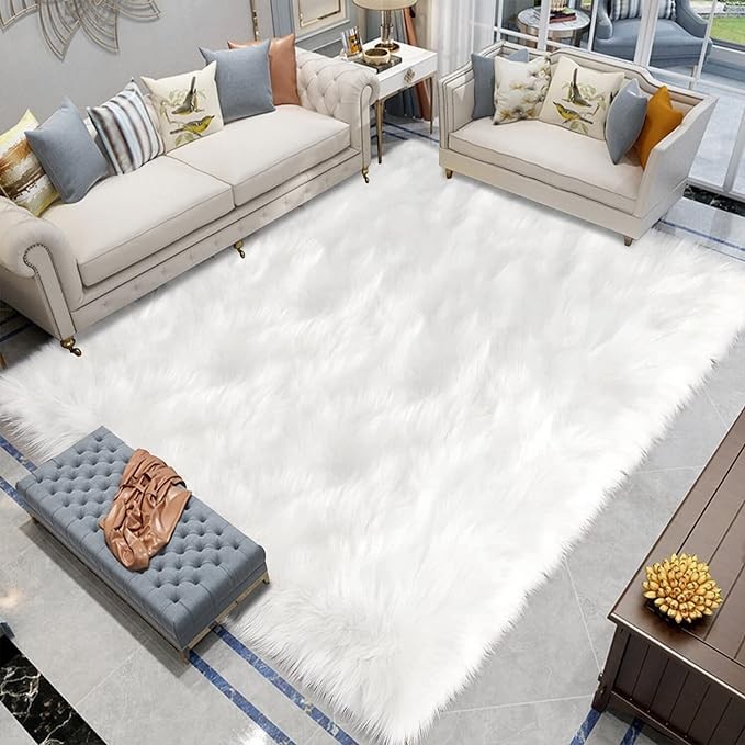 Latepis White Faux Fur Rug 8x10, Faux Fur Sheepskin Rug for Living Room, Fluffy Washable Bedroom Rug, Luxury Room Decor, Plush Rug, Rectangular