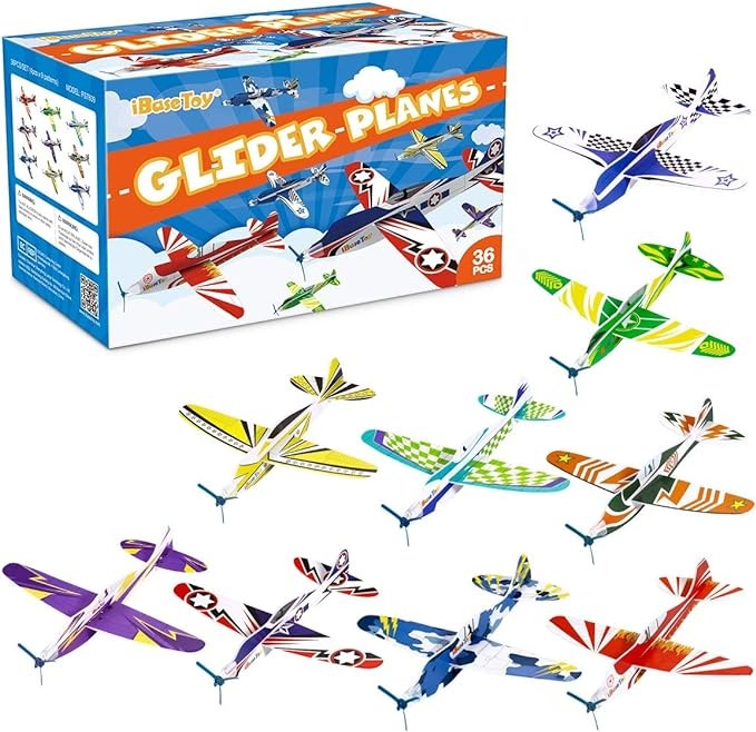 iBaseToy 36 Pack Glider Planes for Kids - 8" Foam Airplane Toys, Airplane Party Favors, Carnival Prizes, Classroom Prizes, Outdoor Flying Toys Foam Planes for Kids Boys Girls Valentines Gifts