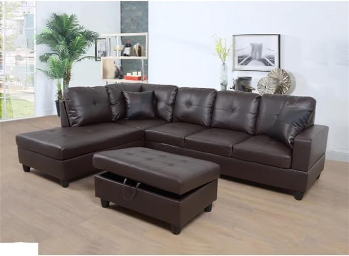CHCDP 3 PC Sectional Sofa Set, (Brown) Faux Leather Right -Facing Chaise with Storage Ottoman