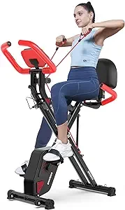 pooboo Folding Exercise Bike, Foldable Fitness Stationary Bike Machine, Upright Indoor Cycling Bike, Magnetic X-Bike with 8-Level Adjustable Resistance, Bottle Holder & Back Support Cushion for Home G