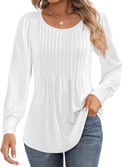 Ficerd Women's Puff Short Sleeve Tunic Tops Pleated Crew Neck Blouses Dressy Casual Loose Spring and Summer T-Shirts