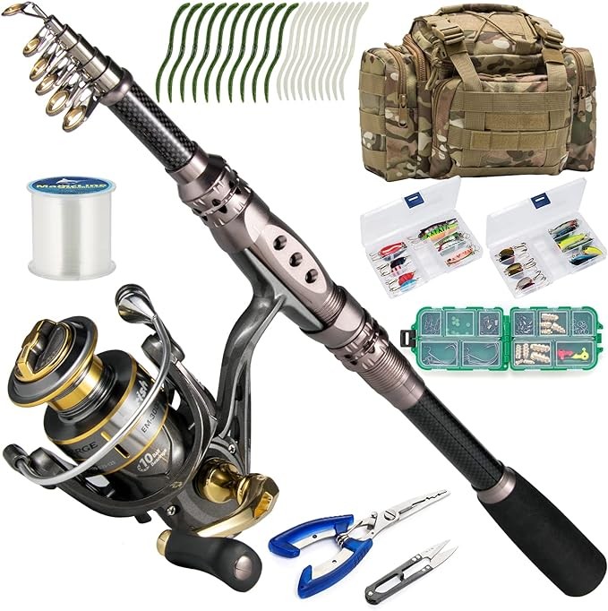 Dr.Fish Fishing Rod and Reel Combos 125pcs Full Kit Carbon Fiber Telescopic Spinning Rod 9+1BB Spinning Reel Tackle Bag Lines Fishing Gear Kit Organizer 4 Size Rod Saltwater Freshwater
