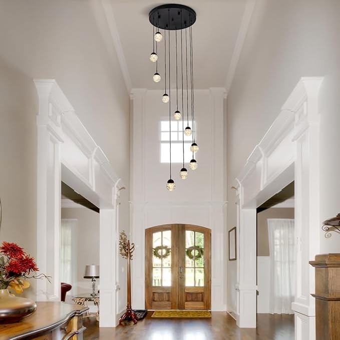 JC TOPA 10 Light Stair Chandelier Modern LED Bubble Crystal Chandelier 9.3ft Black Dimmable 3000K-6000K Stair Chandelier for High Ceiling Entrance Foyer Living Room