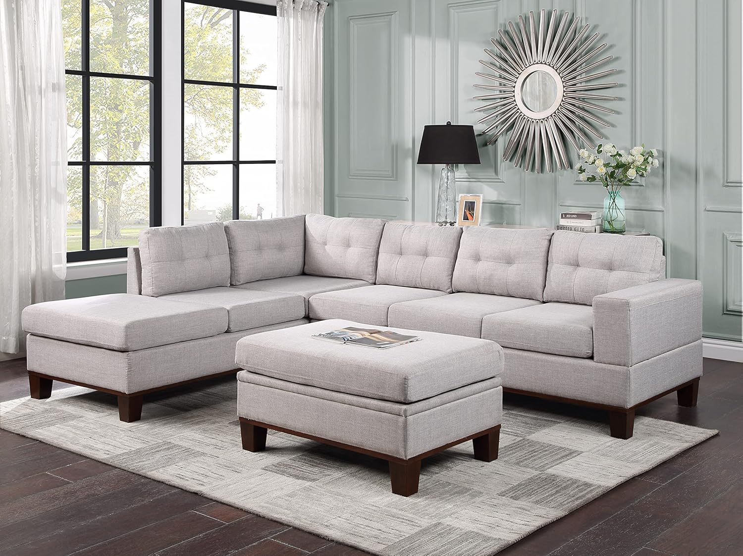 Lilola Home Hilo Light Gray Fabric Reversible Sectional Sofa with Dropdown Armrest, Cupholder, and Storage Ottoman
