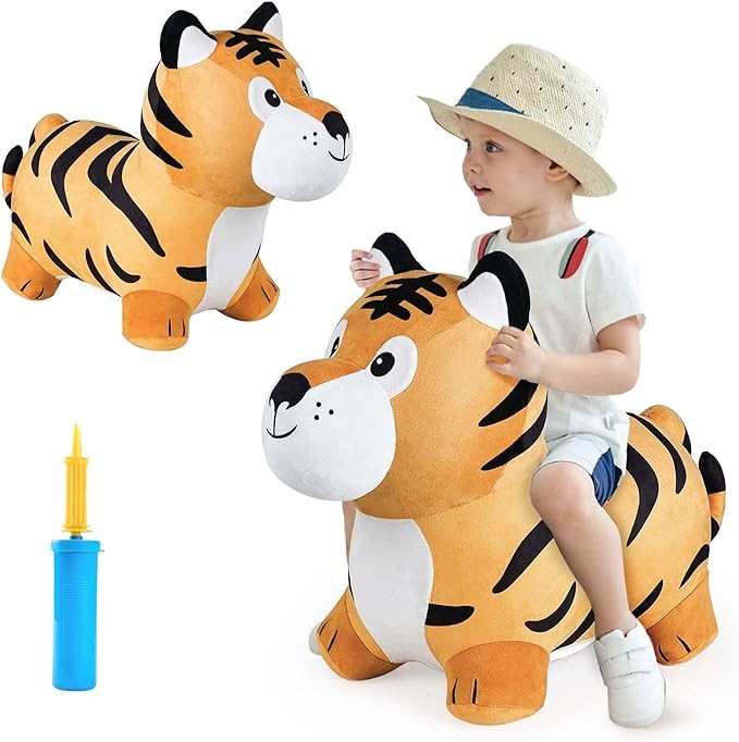 iPlay, iLearn Bouncy Pals Tiger Hopper Toy, Toddler Hopping Horse, Kid Plush Ride on Animal Bouncer W/Pump, Inflatable Bouncing Rider, Indoor Outdoor Jumping Birthday Gift 2 3 4 5 6 Year Old Boy Girl