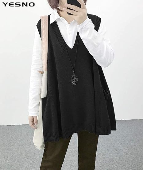 YESNO Women Loose Swing Chunky Cotton Cute Sweater Vests Oversized Cable Knit Pullover Sweaters with Pockets WM9