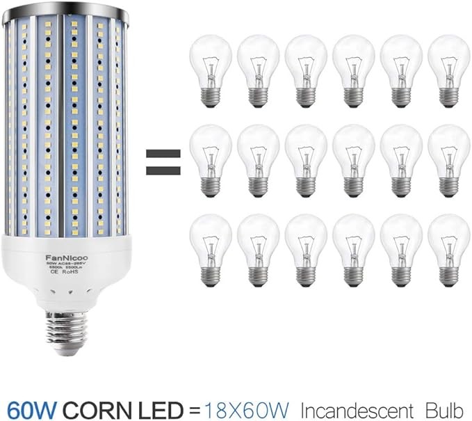 FanNicoo 2-Pack 500W Equivalent LED Corn Bulb 5500 Lumens 6500K 60W Large Area Cool Daylight White E26/E27 Medium Base for Outdoor Indoor Garage Warehouse Factory Workshop Street Backyard