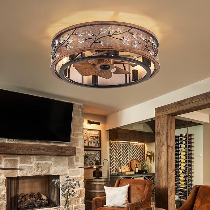Low Profile Farmhouse Ceiling Fan with Light, 20 Inch Rustic Recessed Ceiling Fan with Remote Control, Modern Cage Crystal Ceiling Fan with Light, Ceiling Light Fixture with Fan (6 E12 Bulbs)