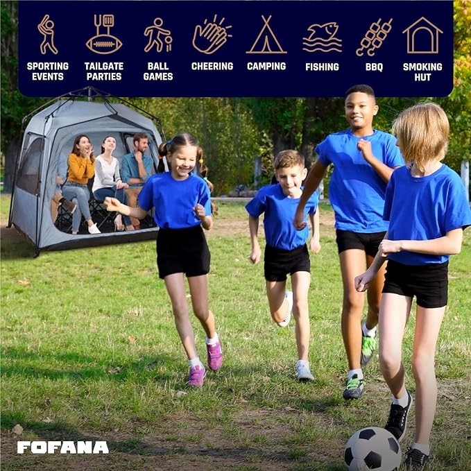 FOFANA Pod All Weather Sports Tent – ​​Largest Pop Up Weather Tent for Rain and Wind Cooling – Suitable for 4 Families – Bubble Tent Clear and Mesh Windows