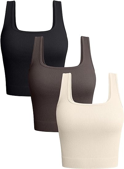 OQQ Women's 3 Piece Tank Tops Ribbed Seamless Workout Exercise Shirts Yoga Crop Tops