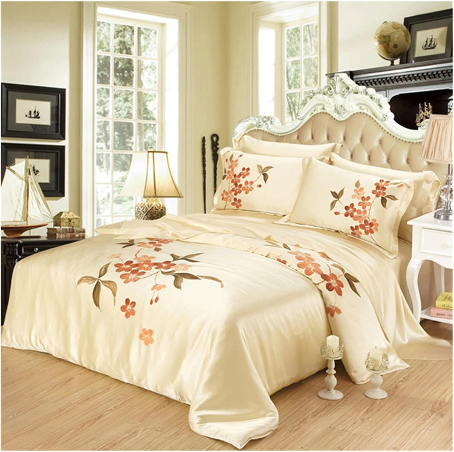 Pure Silk Bedding Set 4pcs Floral Print with Duvet Cover Bedding Sheet 2 Pillow Cases (Color : B Size : Queen Size 4Pcs) (B Queen size 4Pcs)