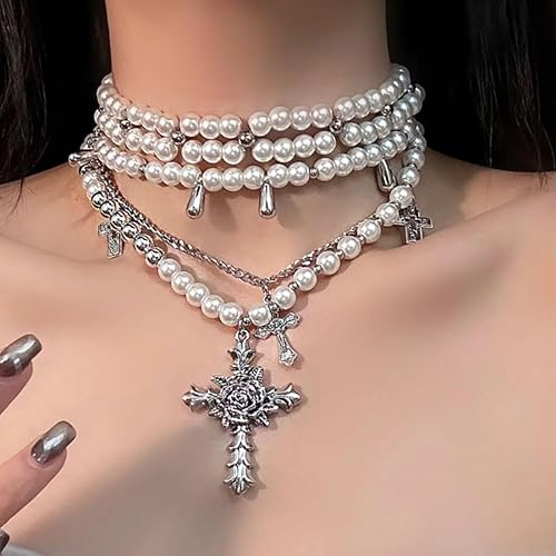 Layered Pearl Necklace Gothic Cross Pearl Stacked Necklace for Women
