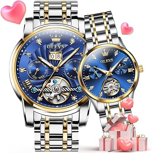 OLEVS Couple Pair Watches Set Automatic Mechanical Self Winding Dress Matching Watch for His and Hers Valentines Day Gifts