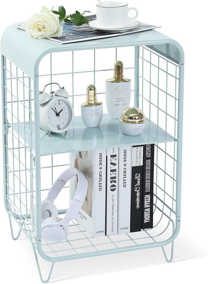 SYKIARIOL 3 Tier Metal Side Table,Cute Nightstand, Coffee End Table with Storage,Vintage Bedside Table, Accent Furniture for Living Room,Girls Kids Women Bedroom,Dorm,Green