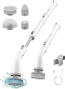 Electric Spin Scrubber HS1, Cordless Shower Scrubber for Cleaning with 4 Replaceable Brush Heads Adjustable Extension Handle, Electric Cleaning Brush for Bathroom Floor Tile White
